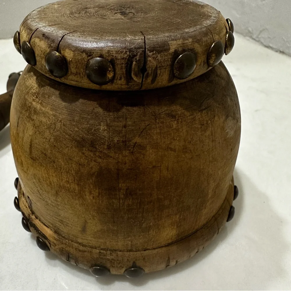 Vintage 60’s Spanish Medieval Style Wooden Metal Mortar And Pestle Set